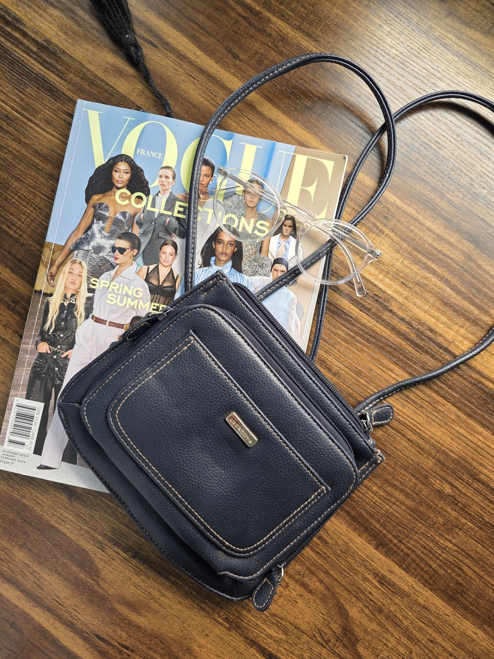 Compact Navy Crossbody with Front Pocket and Gold Accent